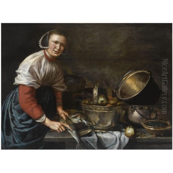 A Lady Cleaning Fish, Standing At A Table With A Copper Bowl With Apples, Copper Pans And A Small Dish With Herbs - view 1