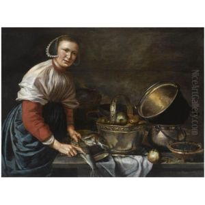 A Lady Cleaning Fish, Standing At A Table With A Copper Bowl With Apples, Copper Pans And A Small Dish With Herbs by Willem Van Odekerken