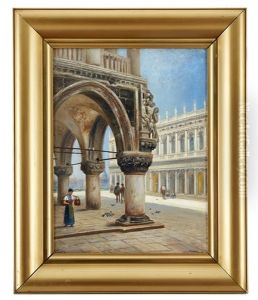 Markusplatsen Vid Palazzo Ducale Med Vy Over San Marco-biblioteket Och Canal Grande by Frans Wilhelm Odelmark