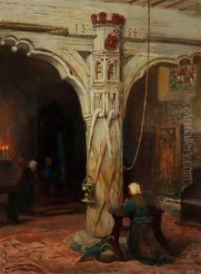 A South European Church Interior With A Woman Praying by Frans Wilhelm Odelmark