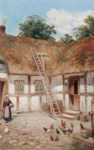Skansk Gardsinterior Med Pickande Hons Vid Brunn by Frans Wilhelm Odelmark