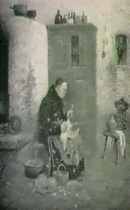 Kallarinterior Med Munk Plockande Hona by Frans Wilhelm Odelmark