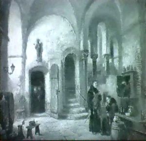 Vinprovning-interior Av En Klosterkallare Med Munkar