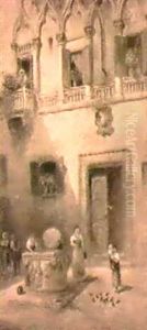 Gaardsinterior Med Manniskor Vid Brunn-motiv Fran Venedig by Frans Wilhelm Odelmark