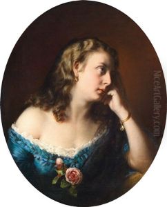 In Gedanken, Dame Im Blauen Kleid Mit Rosen by Aristides Oeconomo