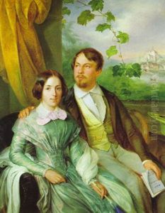 Portrait Eines Eleganten Jungen Paares Vor Ausblick Auf Eine Landschaft Mit Burgansicht, Der Her Hallt Den Kosmos Von Wilhelm Von Humboldt In Handen by Aristides Oeconomo