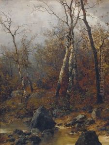 Autumnal Birch Trees On A Creek by Georg Oeder