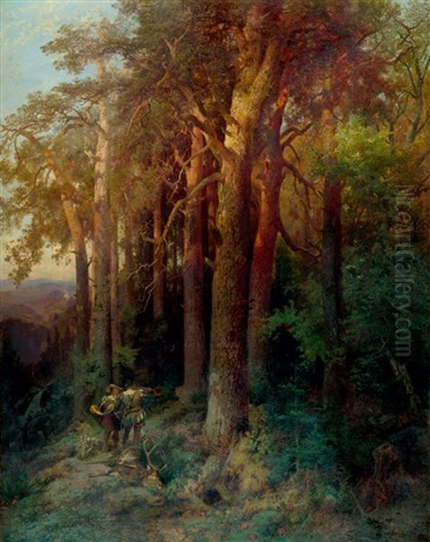 Waldlandschaft Im Abendlicht Mit Zwei Jagern - view 1