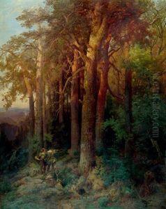 Waldlandschaft Im Abendlicht Mit Zwei Jagern by Ernst Erwin Oehme
