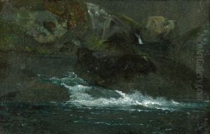 Skizze Eines Kleinen Bachlaufs Mit Moosbewachsenen Felsen by Ernst Ferdinand Oehme