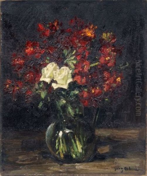 Stillleben Mit Weisen Rosen Und Dunkelrotem Goldlack - view 1