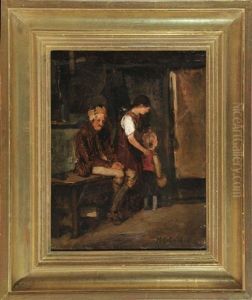Sitzender Alter Mann Und Zwei Kinder In Der Stube