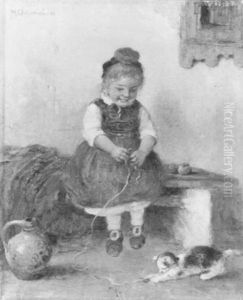 Ein Kleines Madchen Mit Einem Katzchen Spielend by Hugo Oehmichen