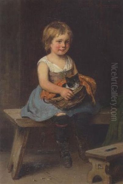 Kleines Madchen Mit Katze Auf Der Bank Sitzend - view 1