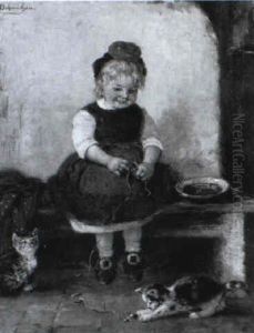 Kleines Madchen Mit Zwei K,tzchen Spielend by Hugo Oehmichen