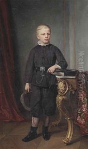 Portrait Of A Boy, Full-length, Wearing A Black Suit And Holding A Hat Standing In An Interior