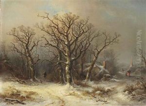 A Winter Woodland With A Man And His Dog And A Woman Gathering Wood