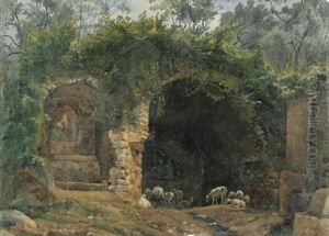 Bewachsene Ruine Mit Schafen Bei Tivoli by Theobald Freiherr von Oer