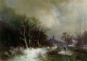 Winterlandschaft Mit Eislaufern Nach Sonnenuntergang by Theobald Freiherr von Oer