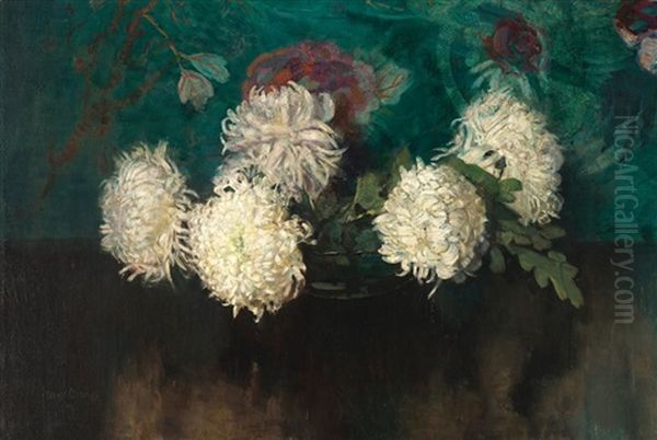 White Chrysanthemums In A Glass Bowl - view 1