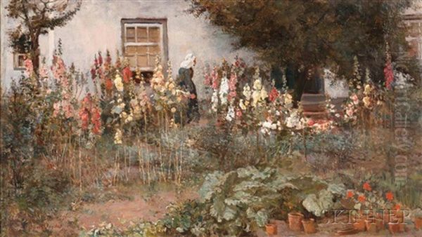 Cottage Garden With Hollyhocks - view 1
