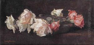 White And Pink Roses In A Bowl by Frans David Oerder
