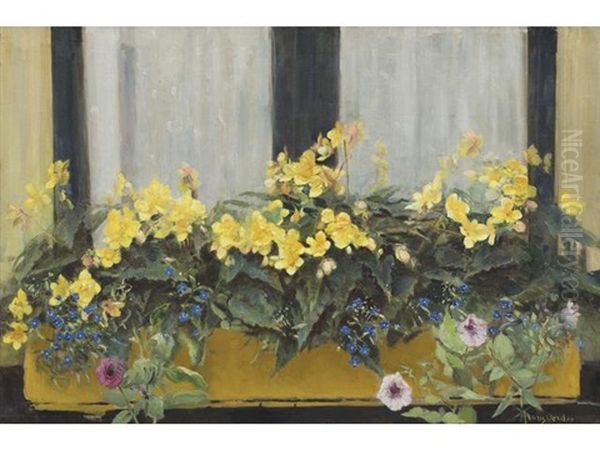 Flowers In A Window Box: Yellow Begonias, Forget-me-nots And Petunias - view 1