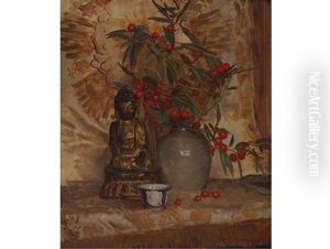 Still Life With Buddha And A Bowl Of Fruiting Hawthorn by Frans David Oerder