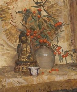 Still Life With A Buddha And A Bowl Of Fruiting Hawthorn