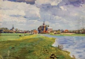 Dutch Meadow And River With A Town In The Background by Frans David Oerder