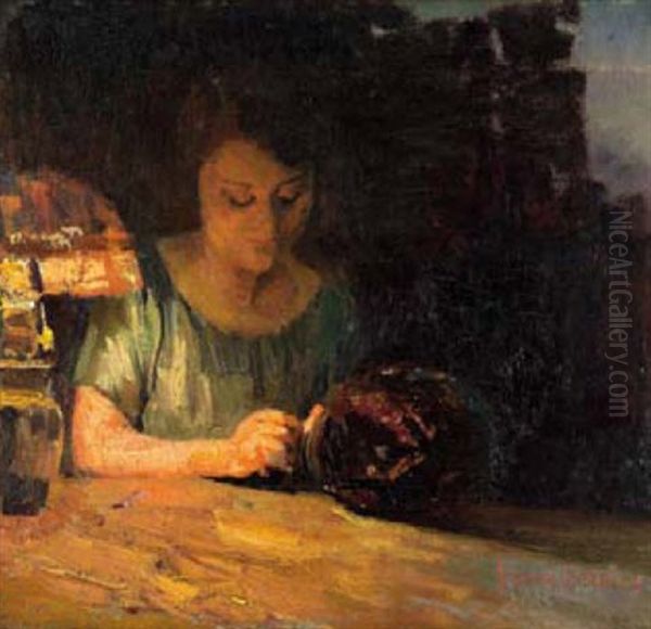 A Woman Sewing By Lamplight - view 1