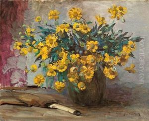 Still Life With Marigolds In A Vase And Garden Trowel