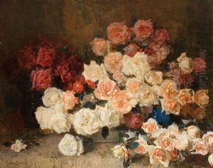 A Still Life With Roses In A Blue Vase by Frans David Oerder