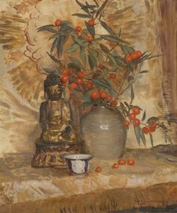 A Still Life With A Buddha And A Bowl Of Fruiting Hawthorn