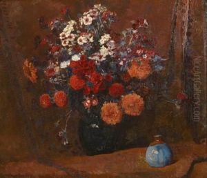 A Still Life Of Flowers In A Blue Vase