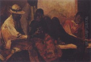 Three Young Men In An Interior by Frans David Oerder