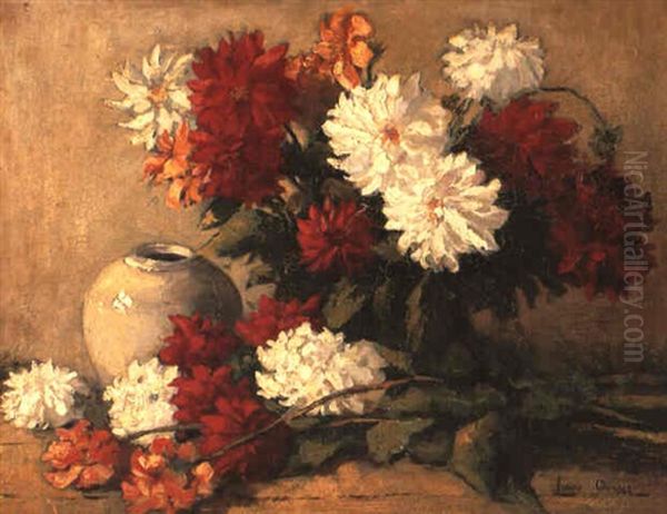 Still Life Of Dahlias And Stone Jar - view 1