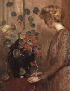 A Woman Arranging Nasturtiums In A Bowl by Frans David Oerder