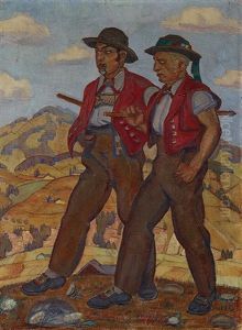Die Bruder. Zwei Appenzeller In Sennentracht Uber Anhohe Vor Hugellandschaft Schreitend by Albert-Sebastian Oesch
