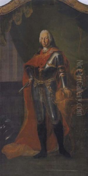 Bildnis Kaiser Franz I. Auf Einem Balkon In Rustung, Rotem Seidenumhang, Mit Dem Orden Vom Goldenen Vlies, Feldherrnstab, Krone Und Szepter - view 1