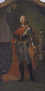 Bildnis Kaiser Franz I. Auf Einem Balkon In Rustung, Rotem Seidenumhang, Mit Dem Orden Vom Goldenen Vlies, Feldherrnstab, Krone Und Szepter by Adam Friedrich Oeser