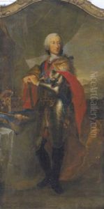 Bildnis Kaiser Karl Vii. Albrecht Kurfurst Von Bayern Auf Einem Balkon In Rustung Und Seidenumhang Mit Dem Orden Vom Goldenen Vlies, Feldherrnstab, Krone Und Szepter by Adam Friedrich Oeser