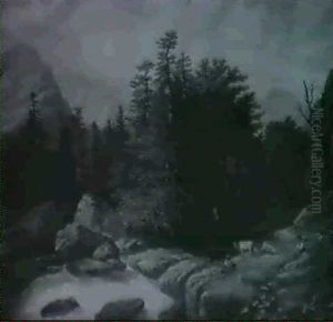 Bewaldete Gebirgslandschaft Mit Felsvorsprungen, Durch Die  Ein Wildbach Fliesst by August Oeser