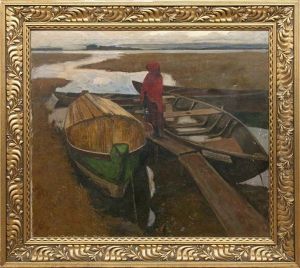 Madchen In Rotem Umhang Am Steg Zwischen Zwei Kahnen by Alfred Oesteritz