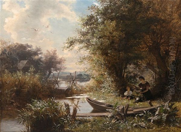 Idyllic Landscape With Fisherwoman And Child - view 1