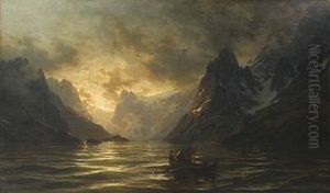 Norwegian Fjord Scene With Fishermen On The Ocean, An Early Overcast Morning by Carl August Heinrich Ferdinand Oesterley