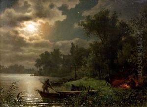 Repas Des Pecheurs Pres Des Barques Au Clair De Lune by Carl August Heinrich Ferdinand Oesterley