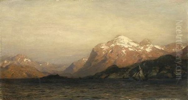 Malerisch Beleuchtete Fjordlandschaft Mit Segelschiff - view 1
