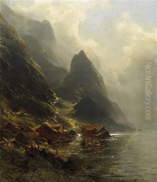 Anlandende Fischerboote In Norwegischem Fjord. Abendlicht - view 1
