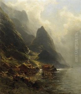 Anlandende Fischerboote In Norwegischem Fjord. Abendlicht by Carl August Heinrich Ferdinand Oesterley